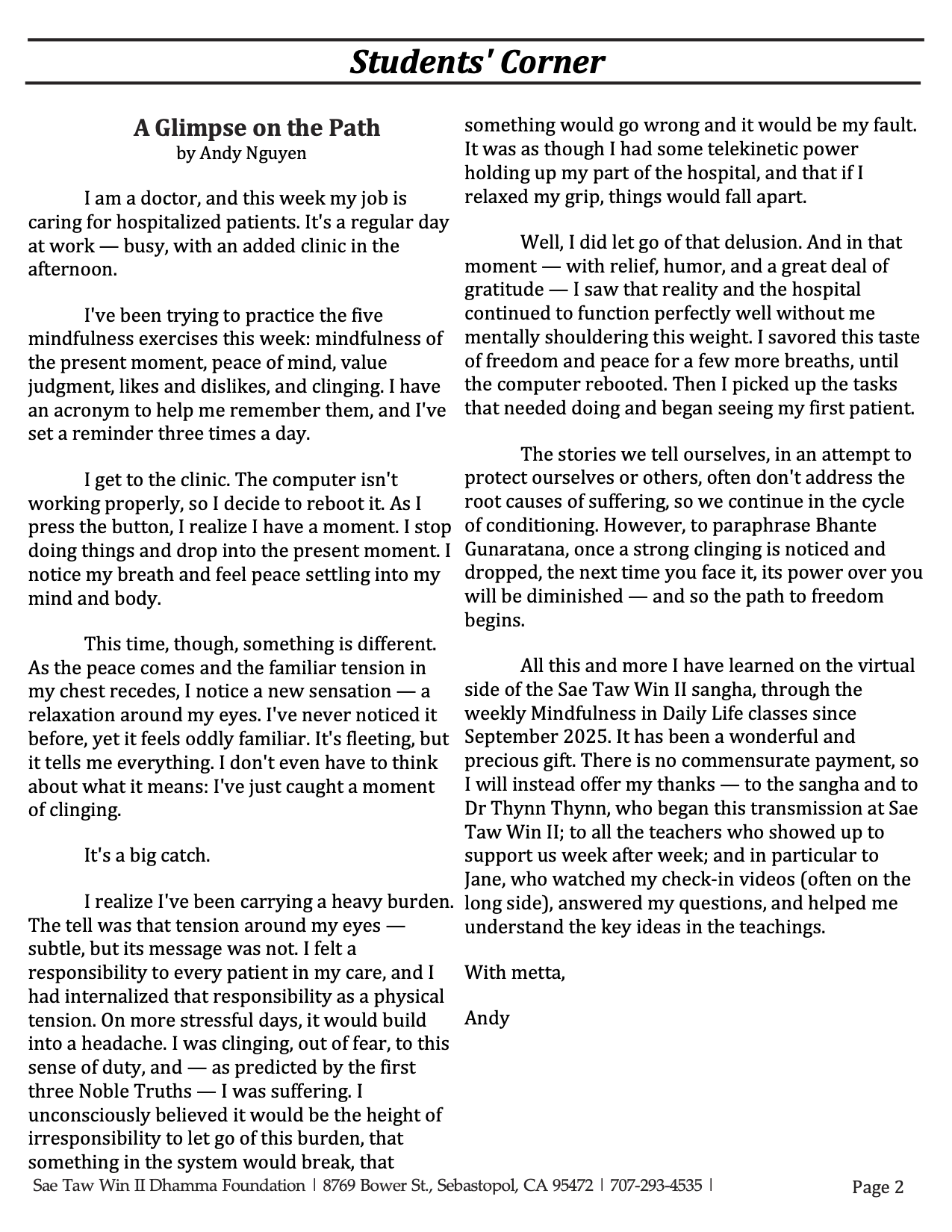 Student Corner: A Glimpse on the Path, by Andy Nguyen